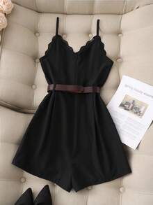 Franclia New Arrival Spring/Summer Women Sleeveless Lace Trim Black Romper - Black - View 2