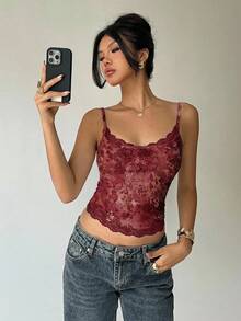 Aloruh Áo hai dây ôm sát người kiểu dáng retro họa tiết paisley màu đỏ tía gợi cảm dành cho nữ, viền ren cổ áo, thích hợp cho kỳ nghỉ, những buổi hẹn hò thanh lịch, áo hai dây chấm bi đa năng, áo hai dây ren Pháp, kỳ nghỉ ở miền Nam nước Pháp. - Màu Đỏ Sâu - Xem 7
