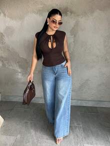 SHEIN SXY 女士纯色休闲镂空抽绳T恤，适合日常穿着 - 咖啡棕 - 查看 6