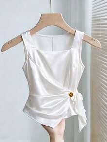 Easura Blouse élégante pour femmes grandes tailles, col carré, design avec boucle métallique - Blanc - Voir 4