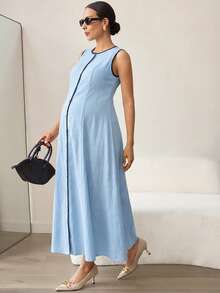 MaterniWear 孕妇圆领单排扣休闲无袖连衣裙 - 淺藍色 - 查看 4