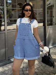 Dripcurv Plus-Size Women's Blue Retro Jumpsuit, Street-Style Preppy Denim Overalls Shorts, New Year's Outfit - Medium Wash - View 9