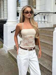 Lucivie Áo ống ren màu be thanh lịch và thoải mái dành cho nữ, áo hai dây ôm sát kiểu corset xuyên thấu, áo ống ren màu be phong cách nghỉ mát, áo mùa hè, trang phục đi nghỉ mát, áo đi biển, áo mùa hè màu trắng. - Màu be - Xem 6