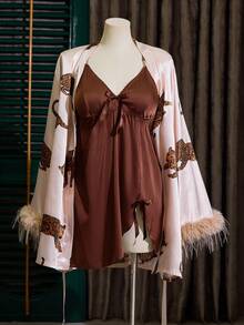 SilkySpell Luxury Satin Leopard Print Feather Trim Robe + Lace Cross Back Camisole Nightgown 2 Pieces Set, Plus Size - Multicolor - View 7