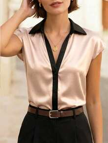 SHEIN LUNE قميص أنيق للنساء بألوان أسود وبرتقالي فاتح، أكمام قصيرة، قماش لامع، مناسب للحفلات والذهاب إلى العمل - لون شمبانيي - مشاهدة 3