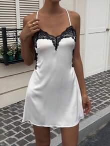 DAZY 女士时尚蕾丝拼接吊带露背连衣裙 - 白色 - 查看 3