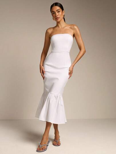COSMINA Women's Solid Color Strapless Mermaid Hem Elegant Mid-Length Dress, Bandeau Dress, White Dress, Ruffle Hem Design, Suitable For Dates, Parties, Daily Outings, Street Photography, Summer Dress White Mermaid Dress Women's Elegant White Dress White Dresses For Ladies Special Occasion White Outfits For Women Elegant Party