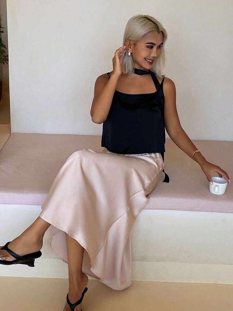 Women's Elegant Solid Color Camisole Top And Satin Mini Skirt Pajama Set, Summer