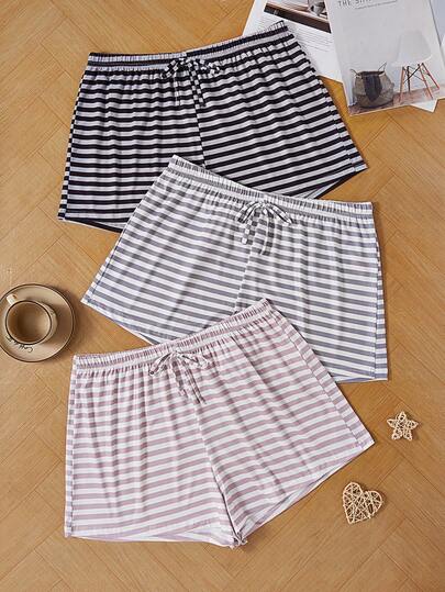 Dream Adore 3件套加大码休闲条纹印花短裤睡衣套装