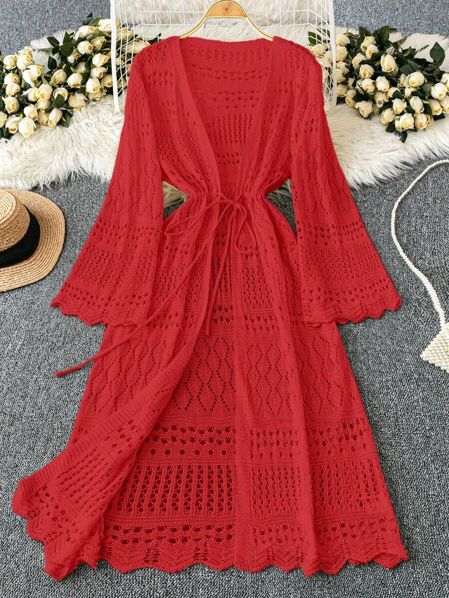 SHEIN Franclia Áo khoác cardigan dáng rộng dành cho nữ, màu trơn, kiểu dáng lãng mạn, chất liệu lưới đan móc, có dây rút và nơ, thích hợp cho kỳ nghỉ ở bãi biển. - Đỏ - Xem 1
