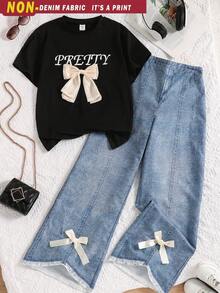 SHEIN 2pcs Set Teen Girls Bowknot Black Short Sleeve T-Shirt And Denim Effect Wide Leg Pants Suit - Multicolor - View 1