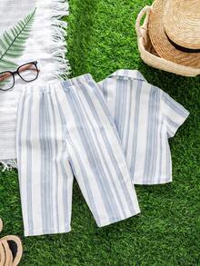 SHEIN 2pcs Young Boys' Casual Comfortable Versatile Vertical Striped Short Sleeve Shirt And Straight Leg Pants Set - Dusty Blue - View 2