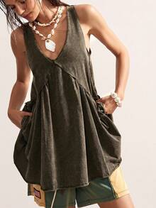 SHEIN BohoFeels Casual Solid Color Knit V-Neck Loose Women Short Dress - Army Green - View 4