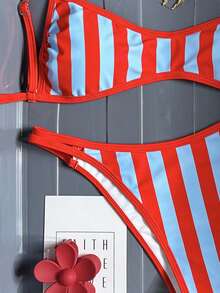 Swim Mod New Striped Tie-Front Print Halter Backless Bikini, Beach Vacation Swimsuit - Red - View 3