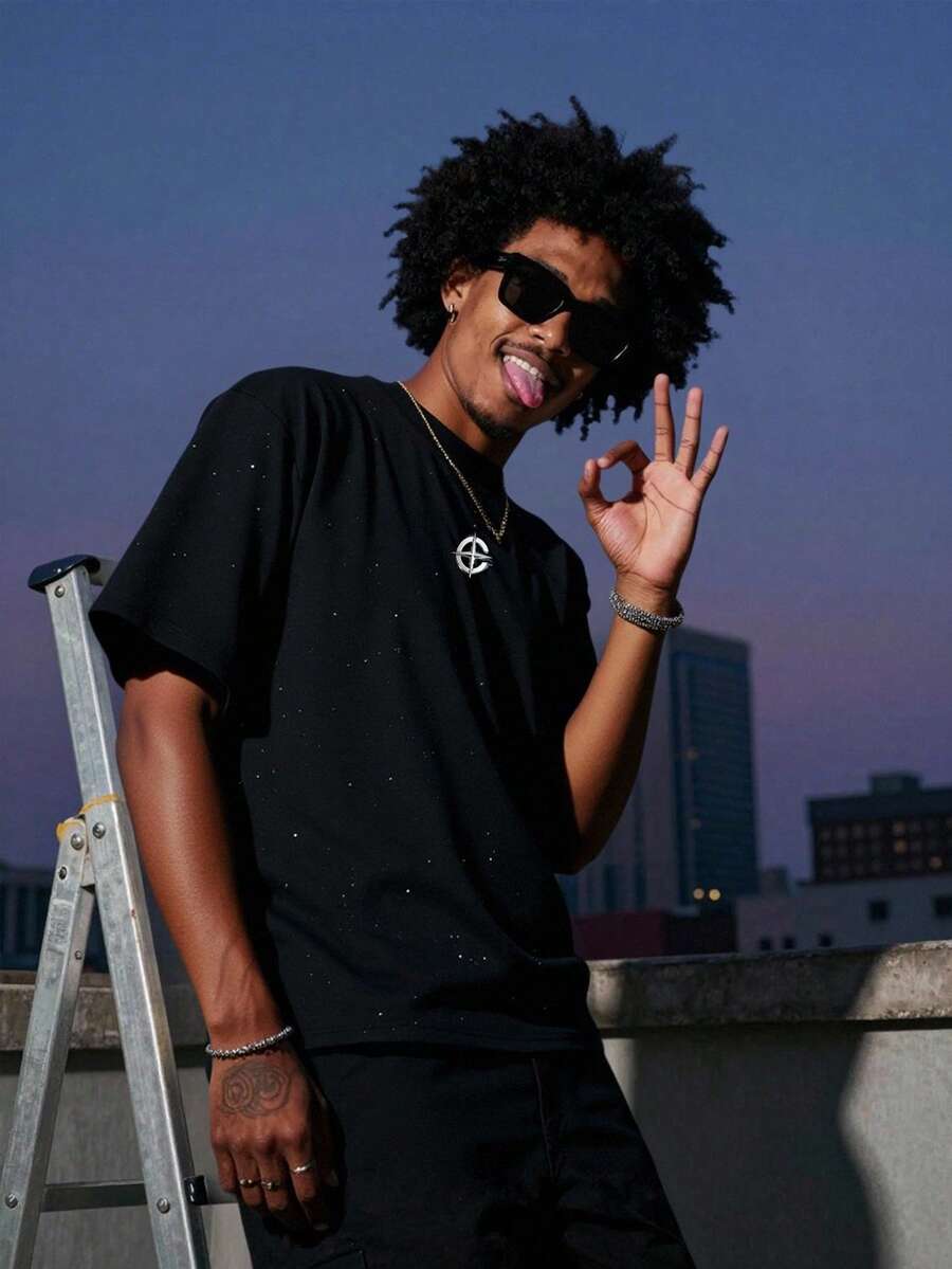 Torvinic 时尚露脐夜店闪光金属图案黑色T恤 - 黑色 - 查看 1