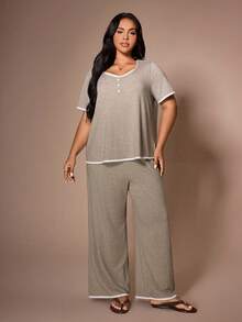 Lazeform Contrast Color Collar Button Decor Loose Short Sleeve Pants Pajama Set, Plus Size - Mocha Brown - View 4