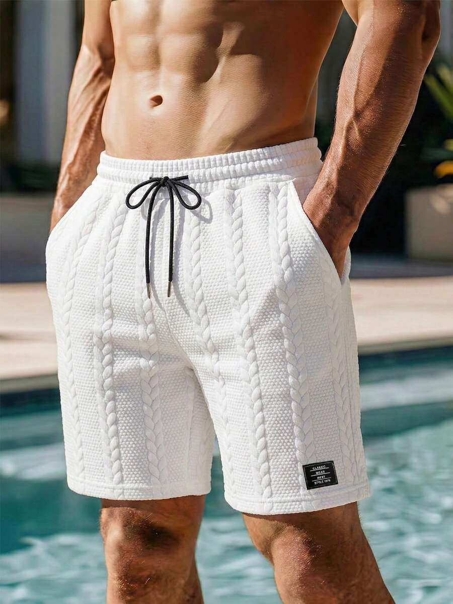 VIVINTIMO Men's Drawstring Waist Pockets Jacquard Casual Shorts - White - View 1