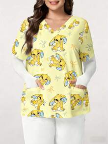 TaskEZ Plus Size Women's Cartoon Print V-Neck Short Sleeve Scrub Top - Multicolor - View 1