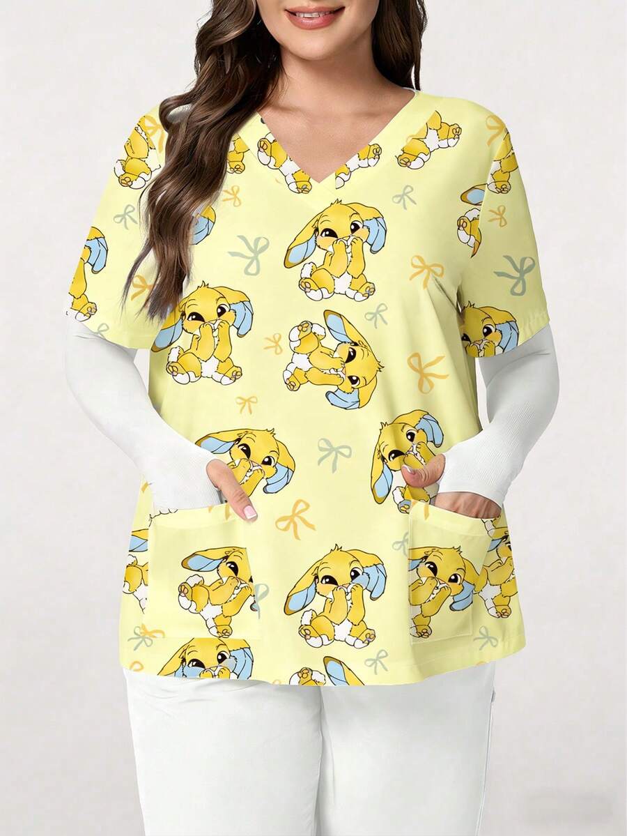 TaskEZ Plus Size Women's Cartoon Print V-Neck Short Sleeve Scrub Top - Multicolor - View 1