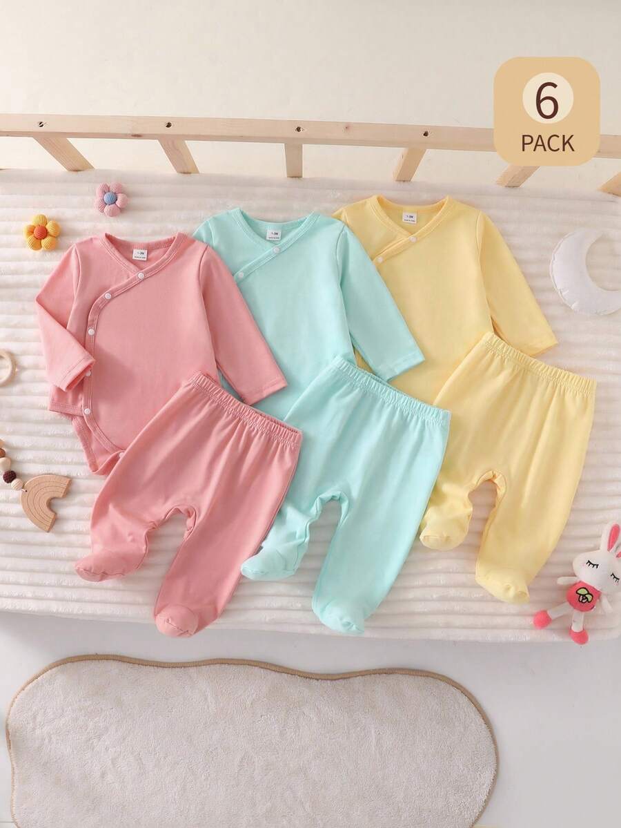Set de 6 piezas de top de manga larga de cuello redondo y pantalones de cintura elástica de unicolor para bebés recién nacidos niños/niñas, de tela suave y cómoda - Multicolor - Ver 1