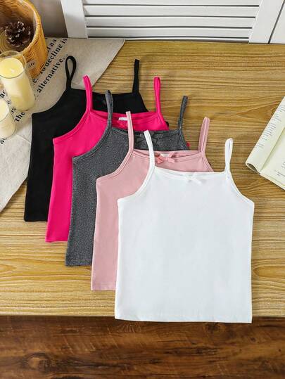 SHEIN Genkimix Kids Young Girl 5pcs/Pack Casual White Milksilk Fabric Camisole Tops With Bow Decor, Comfortable Layering Vest Tops For Wear