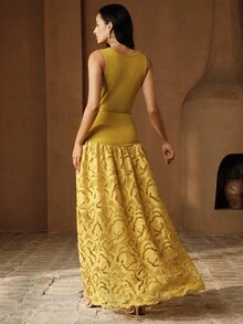 Anewsta Đầm nữ dệt kim thêu hoa hồng, phối nhiều mảnh, kiểu dáng thanh lịch, thích hợp cho tiệc tùng, thường ngày, dáng ôm, trang phục đi nghỉ mát. - Màu Mù tạt vàng - Xem 2