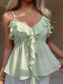 CovetEZ Áo camisole nữ màu trơn, viền bèo nhún, kiểu dáng thường ngày, đa năng. - màu xanh lá - Xem 7