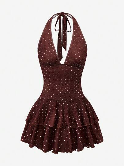 Balvessa Brown Polka Dot Print Halter Waist Cinching Tiered Cake Mini Dress, Flattering Fit, Suitable For Dates, Beach Vacations, Sweet & Cute Summer Outfit
