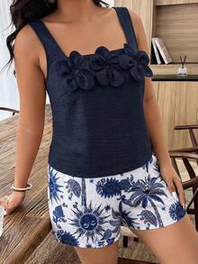 Weeklong Plus Size Women's Spring/Summer 3D Floral Matching Casual Vacation Outfit - Multicolor - View 3