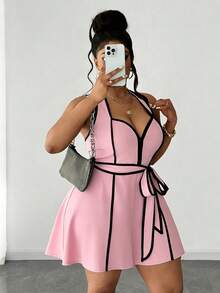Maweii Plus Size Sexy Contrast Trim Halter Romper - Pink - View 1