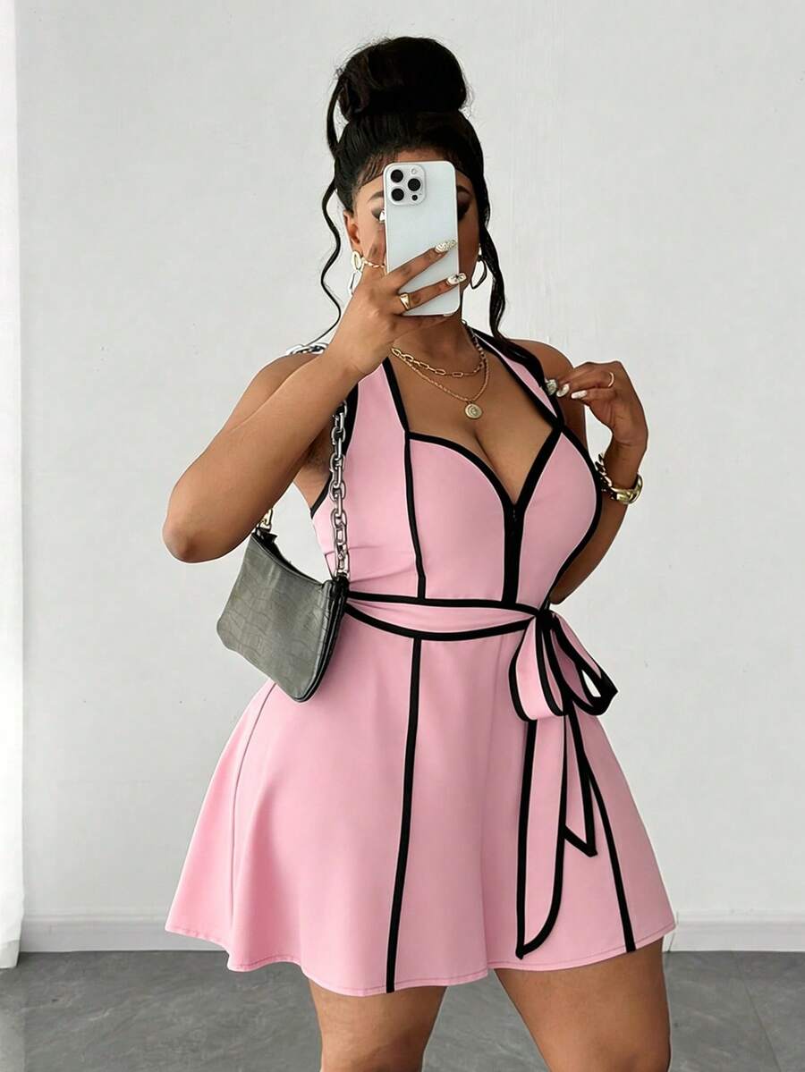 Maweii Plus Size Sexy Contrast Trim Halter Romper - Pink - View 1