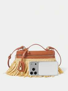 SHECARRY Ladies Handbag, Stylish And Simple, Elegant And Versatile, Classic, Straw Mat Tassel, Metal Padlock Decoration, Suitable For Commuting, Office, Dating, Daily, Shopping, Afternoon Tea And Other Occasions. - Beige - View 4