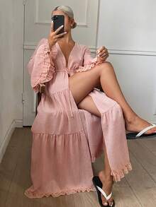 DAZY Bata de estar por casa casual con cuello en V profundo y pliegues para mujer - Rosa vieja - Ver 5