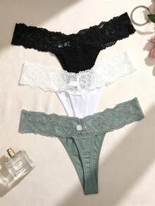 SHEIN 3pcs/Set Seamless Lace Patchwork Elegant Comfortable Panties, Solid Color - Multicolor - View 2