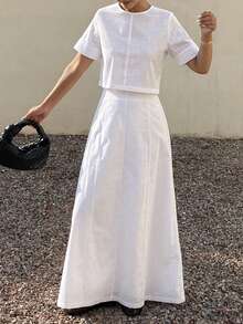 Spring & Summer White Cropped Top And A-Line Mini Skirt Set, Casual Vacation Beach Style, Elegant For Commute, Suitable For Valentine's Day, Wedding Lounge Sets For Women - White - View 4