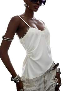 LYSMO Women's Elegant Solid Color Lace Trim Asymmetric Hem Camisole For Summer - Beige - View 5