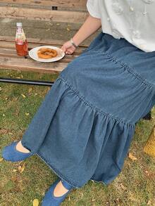 Dazy Plus Vintage Denim Elastic Waist Patchwork A-Line Loose Casual Denim Skirt, Spring/Summer - Medium Wash - View 6