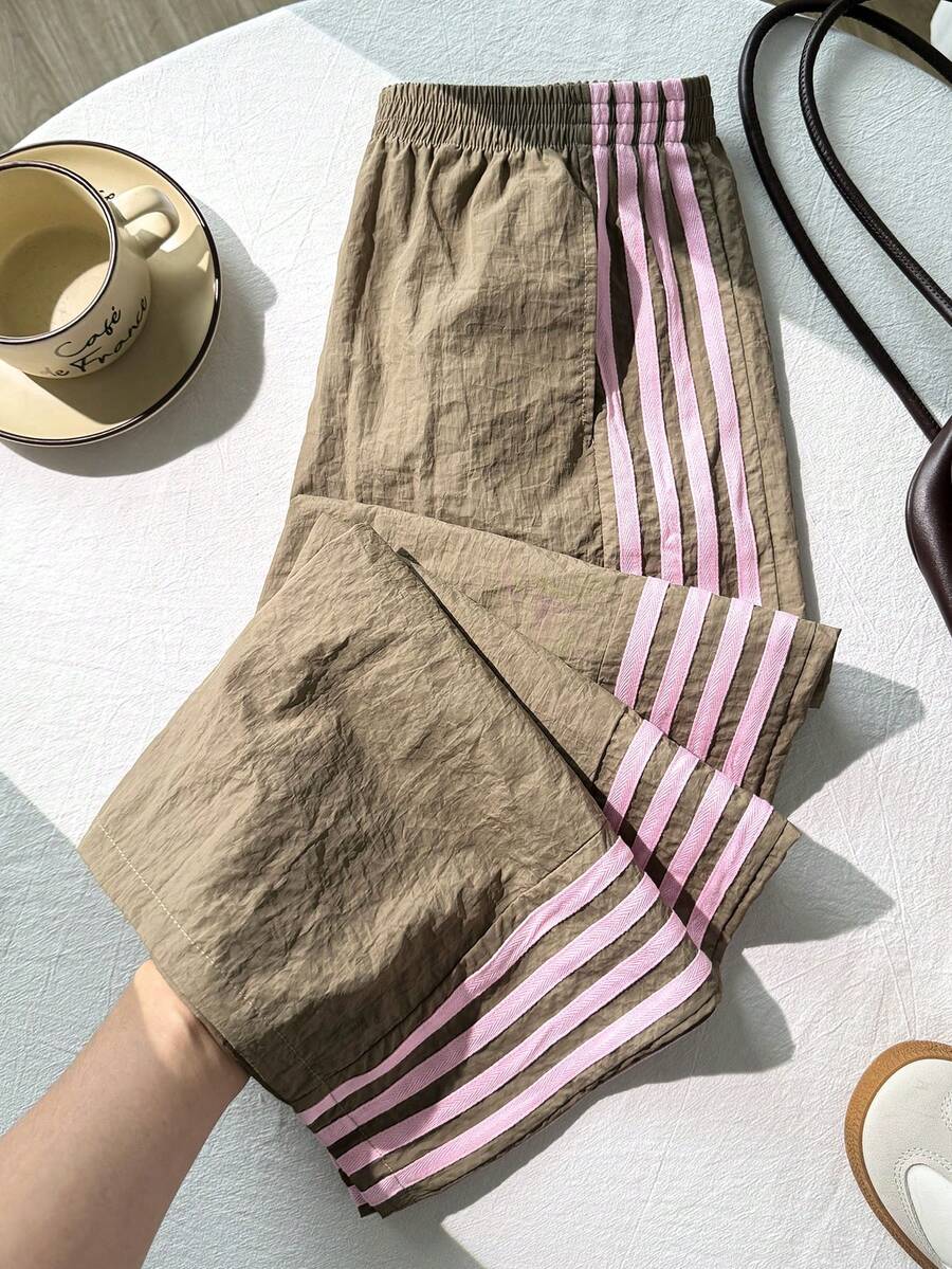 SHEIN Quần thể thao dáng rộng thoải mái, màu nâu kẻ sọc bên hông dành cho bé gái tuổi teen. - Màu Khaki - Xem 1