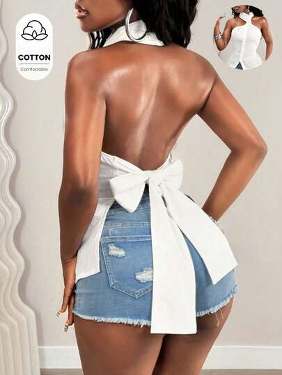 BamGleam 2026夏季新款度假休闲露背斜襟性感棉质女式衬衫