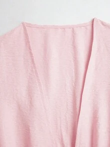 SHEIN PETITE 女士休闲纯色系带长袖衬衫 - 粉色 - 查看 5