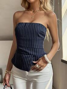 SHEIN PariChic Women's Casual Sexy Navy Striped Strapless Tube Top, Summer Formal Party Outing Blouse, Fashion Pleated Asymmetric Hem Sleeveless Top, Luxury Fitted Strapless Women's Evening Graduation Party Blouse, Pleated Asymmetric Hem Outing Party Casual Top, Spring Summer Vacation Casual Luxury Blouse, Summer Music Festival Outfit - Navy Blue - View 7