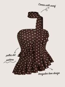 SHEIN PariChic 2026 Summer New Sexy Ruffled Hem Polka Dot Halter Crop Top, Vintage French Style Brown - Multicolor - View 3