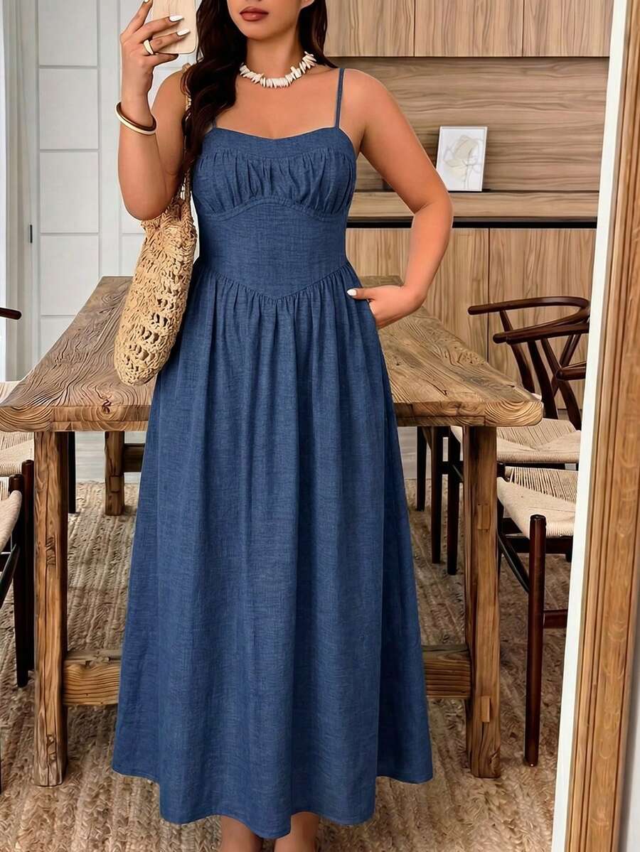 Plus Size Women's Casual Sleeveless Ruched Front Waist Cinched A-Line Vacation Dress, Spring/Summer - Blue - View 1