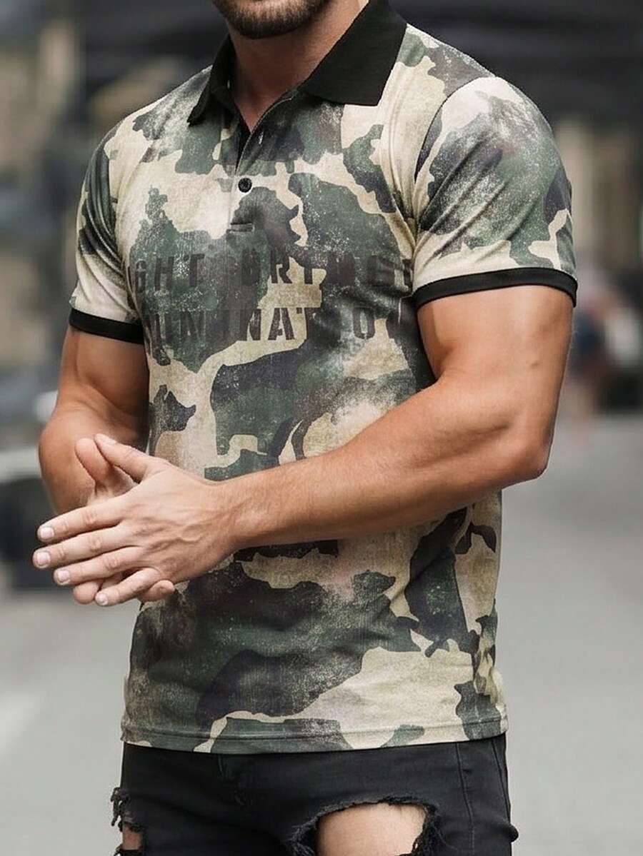 Manfinity Homme 男士撞色印花翻领 Polo 衫，适合外出和各种活动 - 軍綠色 - 查看 1