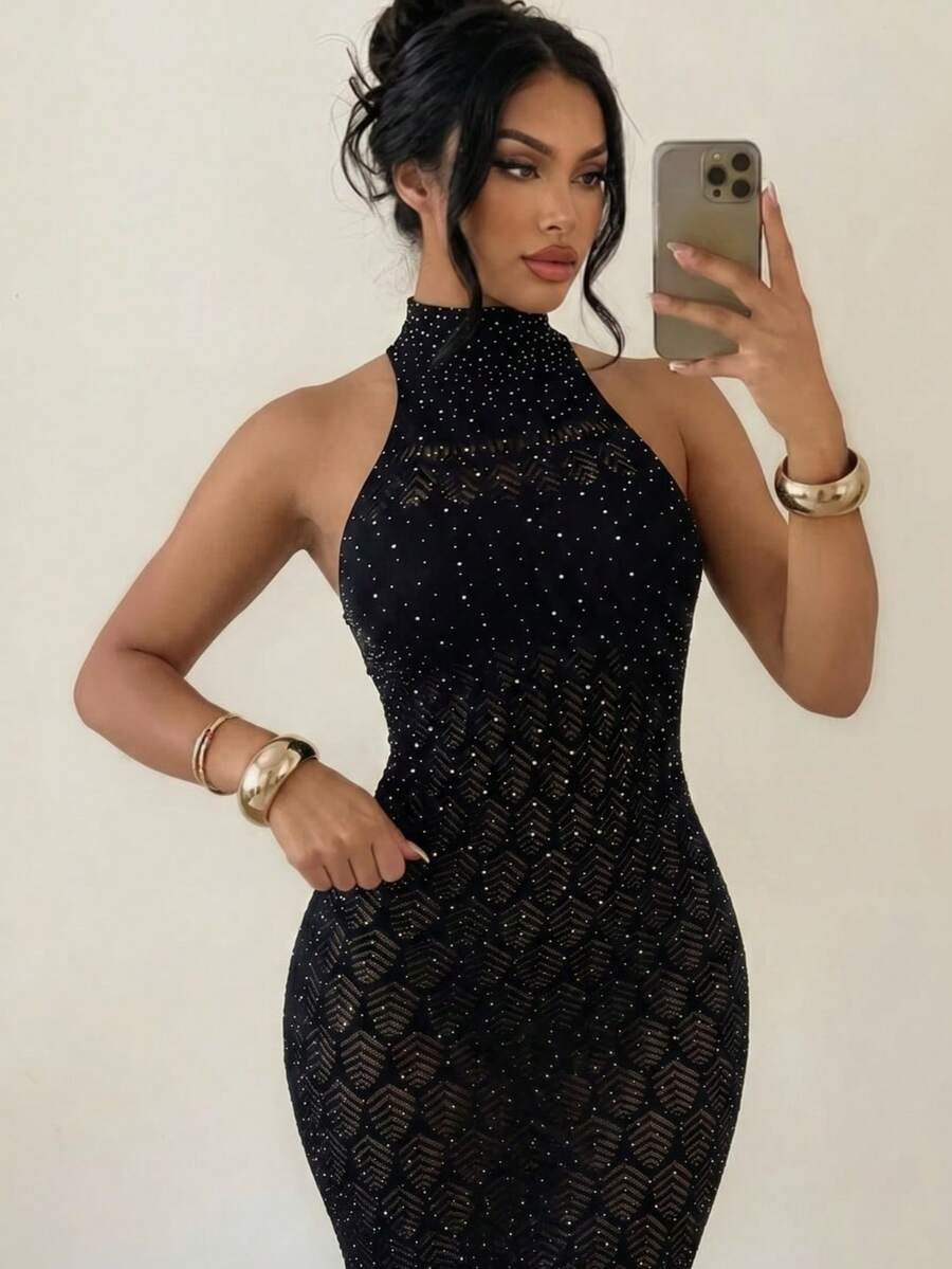Sirith 2026 New High Stretch Black Mid-Length Rhinestone Embellished Dress For Women - Black - View 1