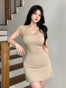 Joudiya Đầm dự tiệc ngắn cổ chữ V phối ren, thanh lịch, thắt eo dành cho nữ - Màu Khaki - Xem 5