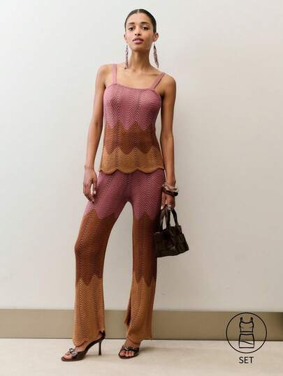 Nöista 两件套针织套装，包含一件纹理波浪针织上衣和一条配套阔腿裤。非常适合夏季、海滩装、泳池派对、度假装、波西米亚风、搭配套装、沙滩装、套装搭配。