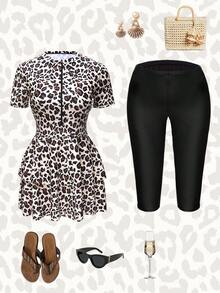 Swim Mulvari Leopard Print Waist-Cinching Modest Tropical Swimwear Two Pieces Set Beach Beige Black Summer - Multicolor - View 6