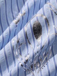 DAZY Vacation Style Striped Silver Foil Floral Pattern Loose Shirt Pajama Set For Women - Blue - View 7