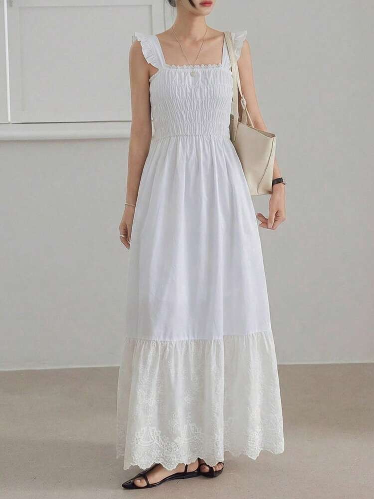 Ivory White Lace Patchwork Ruffle Hem Waist Cinched Long Dress For Women, Spring & Summer